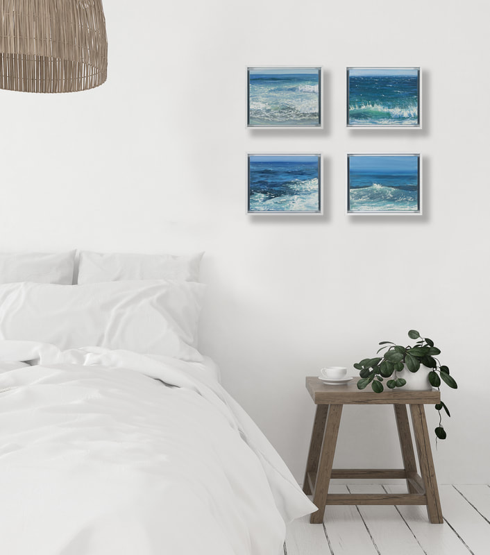 Summer Blues I-V, Seascapes by Annie Wildey, bedroom Interior